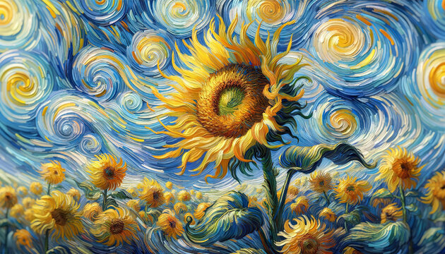 This is a vibrant painting of sunflowers with swirling blue skies reminiscent of Van Gogh's style, showcasing vivid movement and energy.Art concept. AI generated.