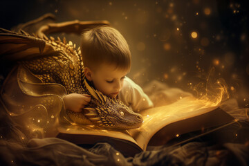 Fototapeta premium Little child reading fairytale book about magical adventures. Kid hugging golden dragon while reading fantasy story, surrounded with mystical warm glow. Encouraging kids to read books.