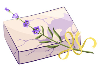 Lavender soap bar with lavender flower. Handmade natural soap. Fragrant herb for cosmetics and skincare. Herbal bodycare promote. Aromatherapy and skin hygiene, eco herbal cosmetics for bath