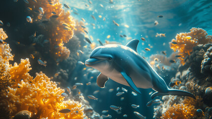 Dolphin swimming in sunlit water by coral reef
