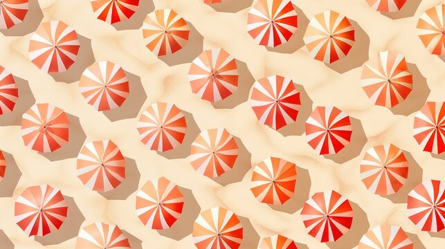 Beach umbrellas in pattern seen from above with a Peach Fuzz background