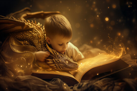 Little child reading fairytale book about magical adventures. Kid hugging golden dragon while reading fantasy story, surrounded with mystical warm glow. Encouraging kids to read books.