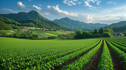 Fototapeta na wymiar Verdant agricultural land with mountain range in the background