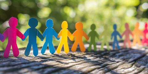 Rainbow colored paper human figures holding their hands on nature background. Diversity and Inclusion concept.