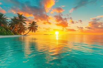 Fototapeta na wymiar Amazing sunset at tropical beach with palm trees and turquoise ocean