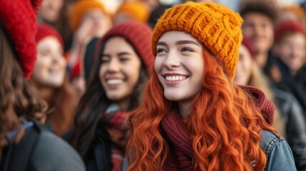 Obraz premium Close-up portrait of a smiling young woman with curly red hair wearing an orange beanie