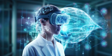 new normal Futuristic Technology in medical concept doctor anlysis patient by using artificial intelligence, machine learning, digital twin, 5g, big data, iot, augmented mixed virtual rality, ar, vr