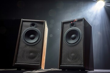 Two black speakers with carbon fiber mesh in a dark room with a spotlight
