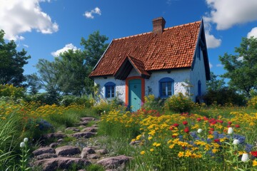 Fototapeta na wymiar Small cottage in a lush green field with a colorful garden