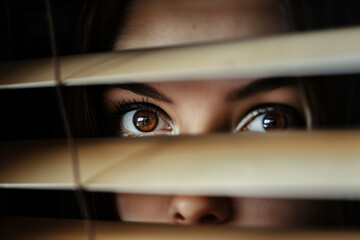 Terrified woman looking through window blinds outside. Privacy and intrusion concepts. - obrazy, fototapety, plakaty
