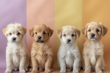 Four adorable puppies sitting in a row against a multicolored background - obrazy, fototapety, plakaty