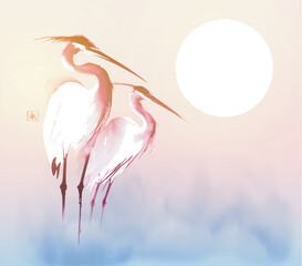Simple minimalist ink wash painting of of two herons and misty sunrise. Traditional oriental ink painting sumi-e, u-sin, go-hua. Translation of hieroglyph - eternity