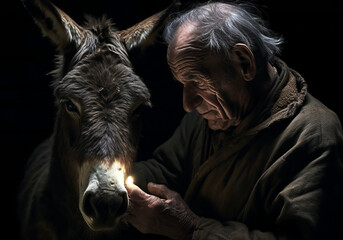 Portrait of a moment of affection between an elderly farmer and his donkey. Care and attention. Domestic and farm animals.