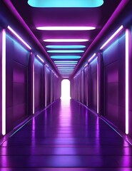 Generative AI illustration of abstract background of futuristic corridor with purple and blue neon lights Generative AI