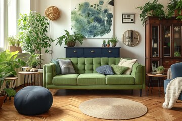 Stylish mid-century modern living room interior with green sofa, blue ottoman, plants, and vintage cabinet