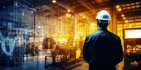 Silhouette engineer control auto robot in industry 4.0 manufacturing with smart connect communication technology including 5g, artificial intelligent AI, big data, IOT. Warm background