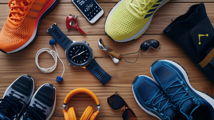An energetic flat lay of running gear including shoes headphones and a fitness tracker.