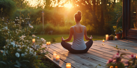 Young woman practicing breathing yoga pranayama outdoors on wooden terrace surrounded with candles, on early morning. Unity with nature concept.