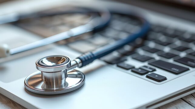 A stethoscope rests on a laptop keyboard.