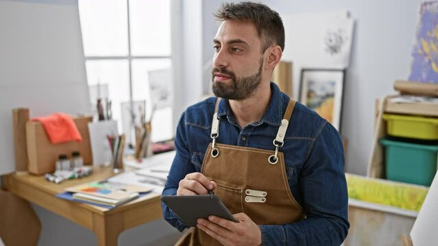 Handsome young hispanic man, ardently immersed in art, passionately drawing on a touchpad in art studio offering an intimate glimpse into a creative journey.