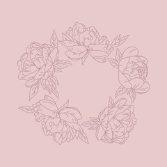 pink peony frame, line art vector illustration