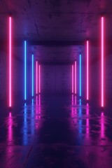 Glowing Purple and Blue Neon Lights in a Dark Room with Concrete Walls and a Reflective Floor