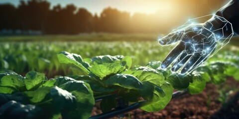 smart farming with futuristic agriculture technology concept, hand man point to robot hand together with mesh of commnuinty network with use artificial intelligence, 5g, machine learning mixed reality - obrazy, fototapety, plakaty