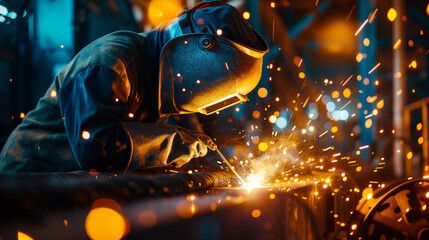 a welder at work, bright sparks flying, in a steel factory, surrounded by heavy machinery. Dusk lighting, focus on the vibrant sparks and the welder's protective gear, Generative AI