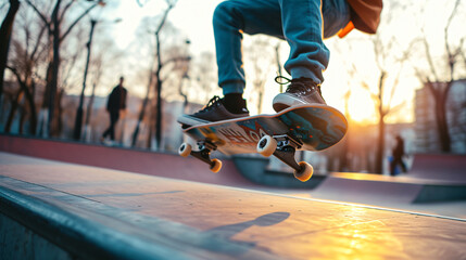 An exciting skateboarding session at a bustling city skate park. - obrazy, fototapety, plakaty