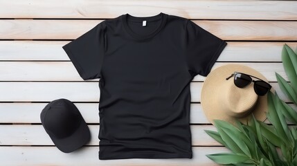 mockup of T-shirt, sunglasses and hat on wooden background, top view - obrazy, fototapety, plakaty