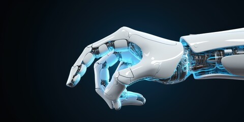 White cyborg finger about to touch human finger on blue background, 3D render robot hand .for artificial intelligence futuristic design concept