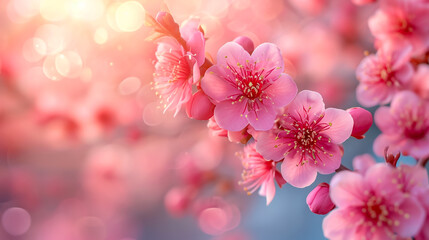 Rays of golden morning sunbeams shining through branches of pink sakura cherry blossom trees in spring