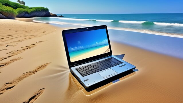 laptop on the beach, work from vacation ai generated