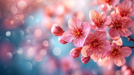 Fototapeta na wymiar Sakura flowering. Large lush sakura flowers on a tree on a dark background in sunny weather