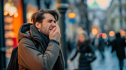 a man holds his cheek and winces from a sharp toothache, standing on a noisy city street, the concept of timely treatment and prevention of dental diseases