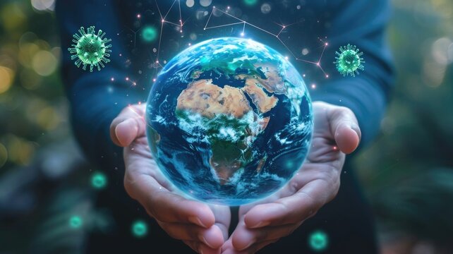 Digital composite of hands holding a holographic globe with virus particles, emphasizing worldwide inter connectivity during a pandemic.
