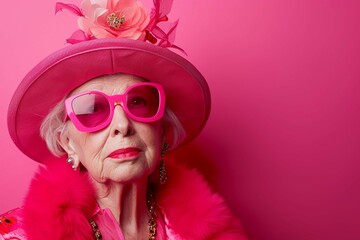 Elderly Woman Fashion Portrait in pink background 