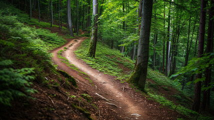 An exhilarating mountain biking trail winding through a dense forest.