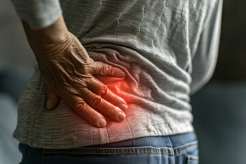 Close-up of the lower back and left side of a man holding his hand on his lower back from an attack of sharp pain, the concept of life insurance and injury prevention