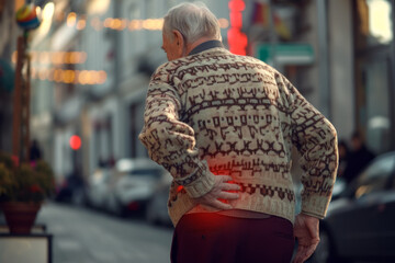 Naklejka premium Portrait of an elderly man in a warm jacket on a city street holds his hand on his lower back from an attack of sharp pain, the concept of life insurance and injury prevention