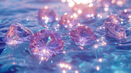 A magical scene brightly colored diamonds in a dreamy palette,  light pink, light blue, and clear diamonds gracefully floating in light blue water.