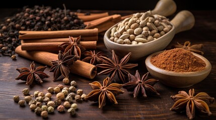 Cinnamon sticks star anise and cloves on black background