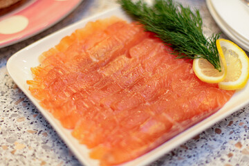 Delicious Pancakes With Salted Salmon. Stack Of Pancakes. Jam and Salmon Pieces 
