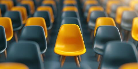 Fototapeta premium A Large Line of Chairs Set up for a Job Interview, with a Yellow Chair at the Center - the Business Concept of Selecting the Best Job Candidate