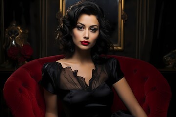 Timeless beauty in a classic Hollywood glamour pose against a backdrop of deep, velvety blacks