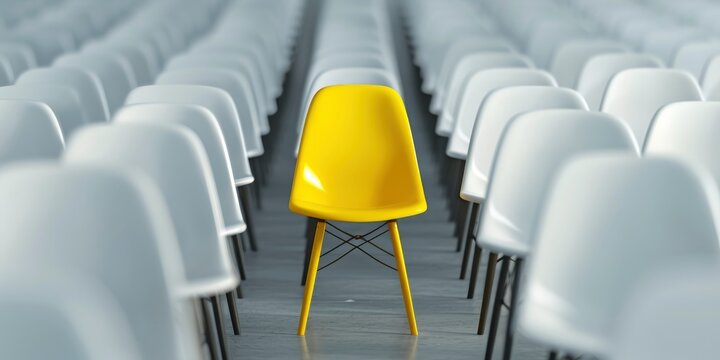A Large Line of Chairs Set up for a Job Interview, with a Yellow Chair at the Center - the Business Concept of Selecting the Best Job Candidate