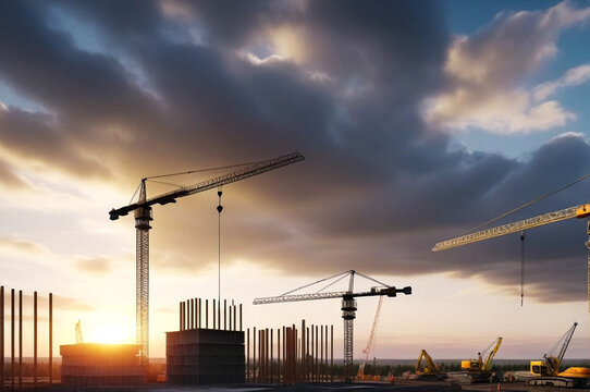 Construction site with cranes work at cloudy sky sunset backdrop. View of industrial crane on creation site. Concept of construction, industrialization and renovation of buildings. Copy ad text space