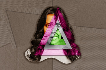 Collage picture of people faces showing different emotions isolated on grey color background