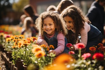 Step into the vibrant world of a community garden, where a group of children wholeheartedly engage in tending to their plants and flowers - obrazy, fototapety, plakaty