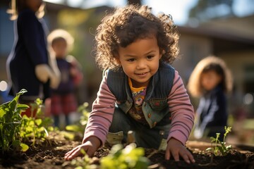 Step into the vibrant world of a community garden, where a group of children wholeheartedly engage in tending to their plants and flowers